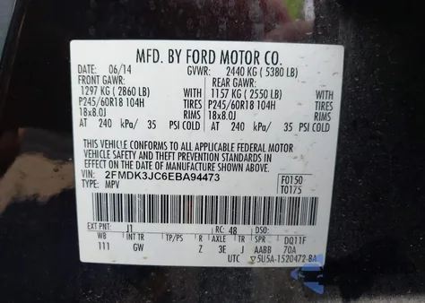 2014 Ford Edge Sel from USA, damaged, VIN 2FMDK3JC6EBA94473
